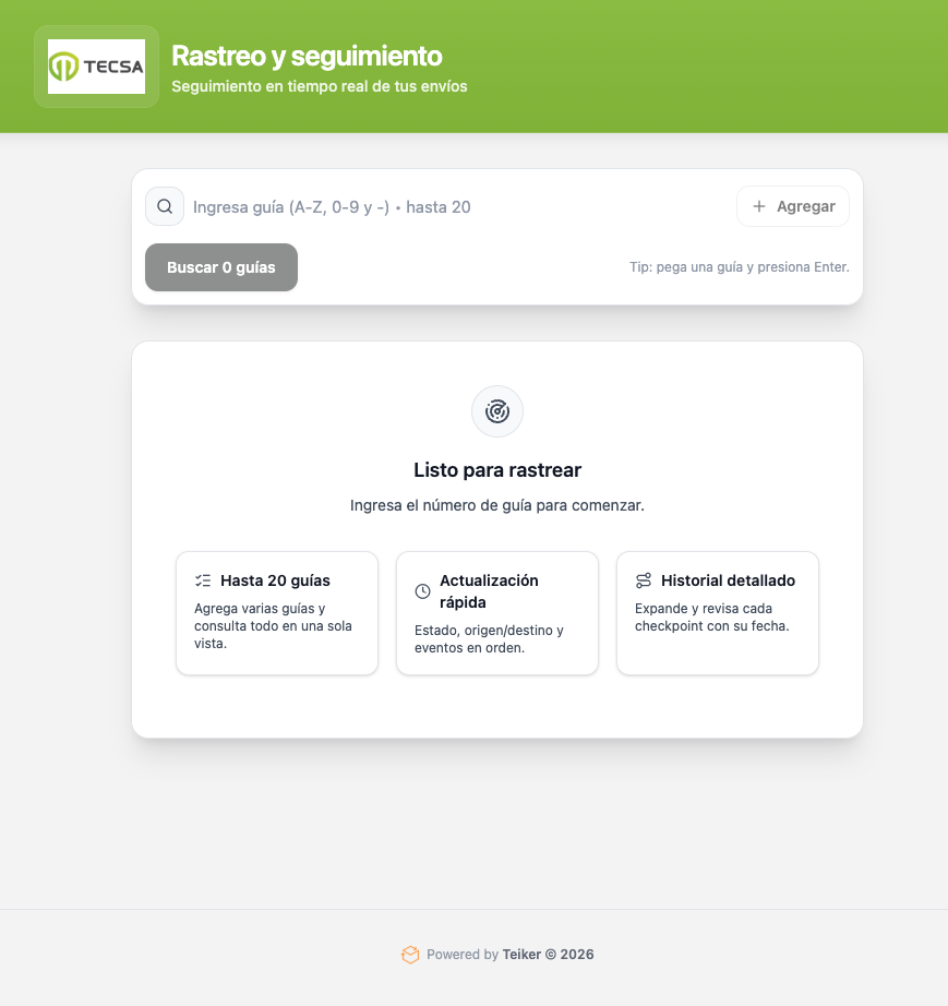 Portal de rastreo white label de Teiker con identidad de marca